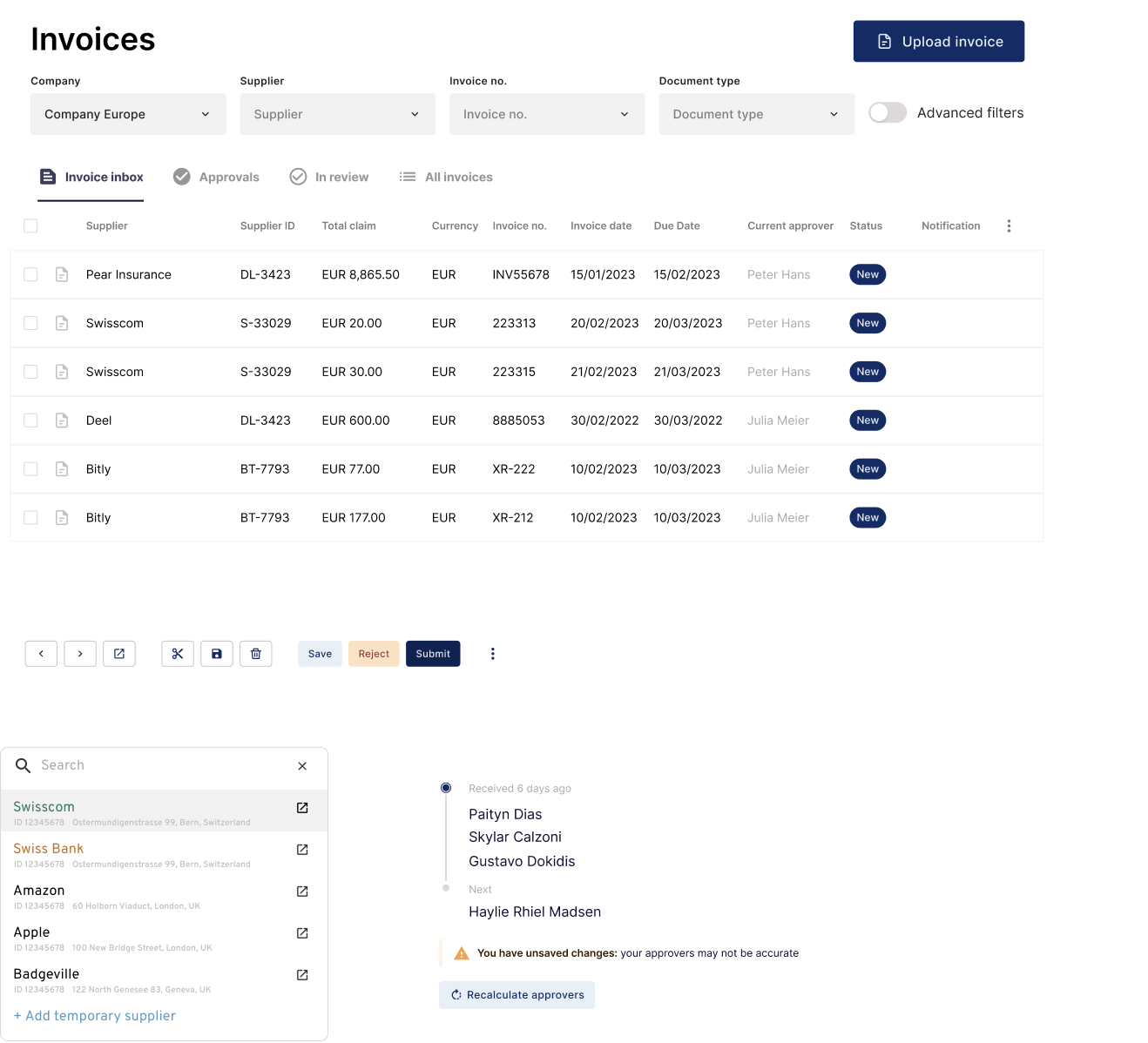 Invoice inbox: table view with filters, batch selection, tabs (Invoice inbox, Approvals, In review, All invoices), and action bar for submit, reject, and approval workflow